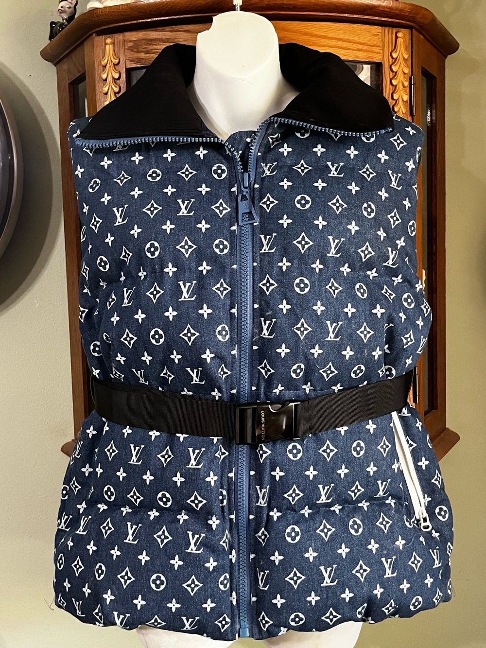 Louis. Vuitton. Denim Blue Jean Signature Monogram Puffer Style Belted Vest NWT